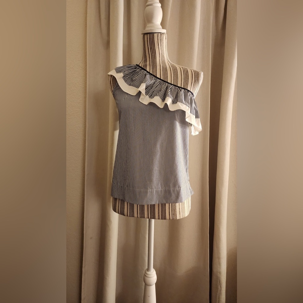 New J Crew blue and white poplin shirt one shoulder ruffle cold shoulder top
